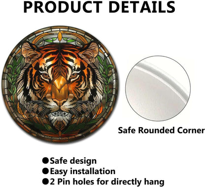 Lygond Metal Sign Tin Sign Circular Stained Glass Tigle Minimalist Wall Art for Home Decor 8×8 Inches