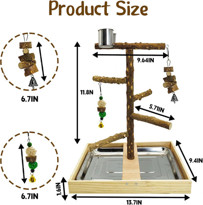 Tfwadmx Bird Perch Natural Wood Stand Toy Parrot Play Stand Platform Bird Cage with Removable Tray and 2 Stainless Steel Cups for Parakeets Canaries Cockatiels Conure Lovebirds