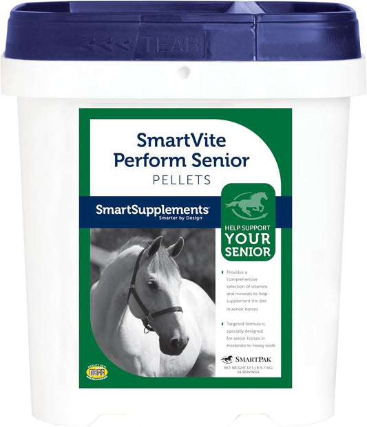 SmartVite Perform Senior Pellets | Vitamin E, Magnesium Supplement for Senior Horses | Includes Vitamin C, B Complex, Manganese, Biotin and More | 56 Servings | 12.5 lb Bucket
