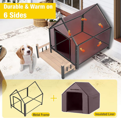 Outdoor Dog House with All-Around Insulated Liner Weatherproof Puppy Shelter Indoor Dog Kennel, Anti-Bite Dog Home for Large Breed with Porch (Brown (Liner), Medium)