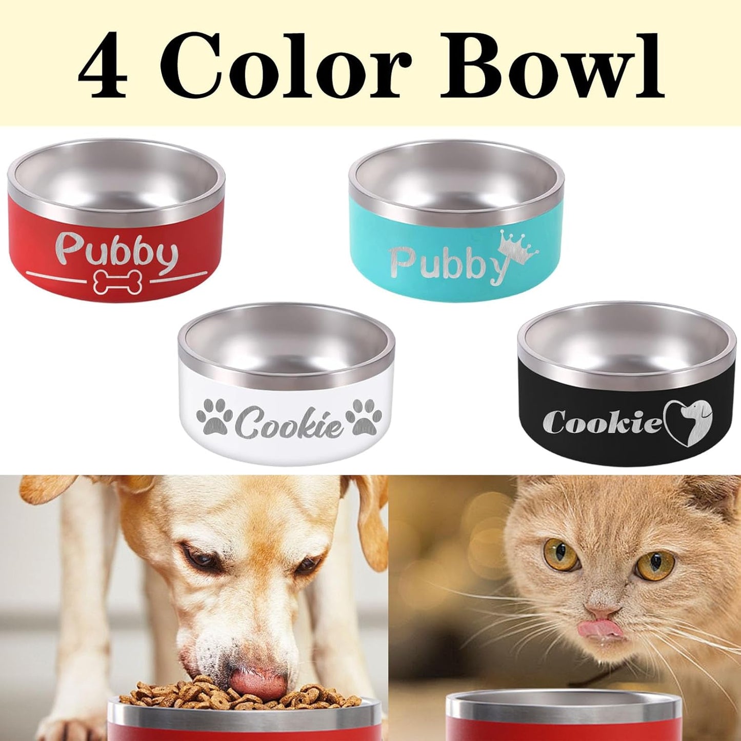 32OZ Personalized Dog Bowl Laser Engraved Custom Pet Name 18/32/42/64 oz No Slip Stainless Steel Insulated Bite-Resistant Food Water Dishes-White