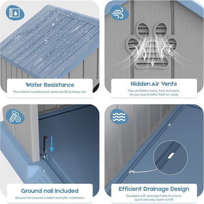 Large Outdoor Plastic Dog House - Indoor Outdoor Use for Medium & Large Dogs, Durable Waterproof Doghouse with Air Vents, Elevated Floor, Easy to Clean & Assemble(Blue2, 36.2''L×38''W×38''H)