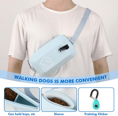 Dog Treat Pouch with Clicker & Poop Bag Holder – Waterproof Silicone, Adjustable Waist Belt for Training & Walking – Puppy Treat Pouch for Pet Training (Blue)