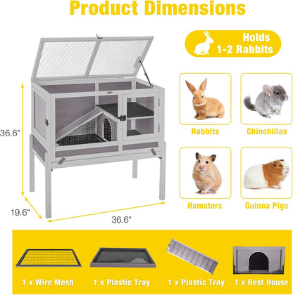 Aivituvin 2-Story Rabbit Hutch with Anti-Chew Ramp & Zinc Sheet - 36.6" Indoor Guinea Pig Cage, Wooden Stand, Pull-Out Tray & Leakproof Floor (Grey)