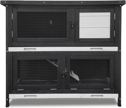 Double Level Solid Wood Rabbit Hutch Small Animal Cage for Rabbits, Guinea Pigs, Hedgehogs & Lizards Indoor/Outdoor– 2-Tier Eco-Friendly Habitat with Bedding Area, Durable & Easy to Clean
