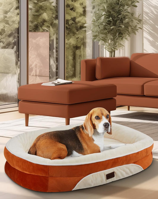 OhGeni Orthopedic Dog Couch Pet Sofa Large Sized Cat Beds with Comfort Foam Support, Soft Comfortable Fabric, Machine Washable Waterproof Removable Cover, 35-Inch (Orange)