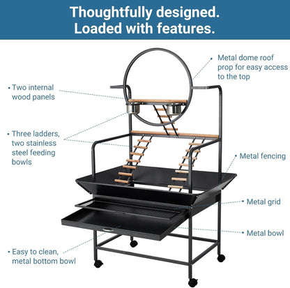 Bird Playstand, 66'' H Inch Birdcage Stand Activity Play Center with Perches and Ladders, Removable Tray, Indoor Outdoor Playground for Parakeet,Cockatiels Conures Parrots, Lockable Caster,Black