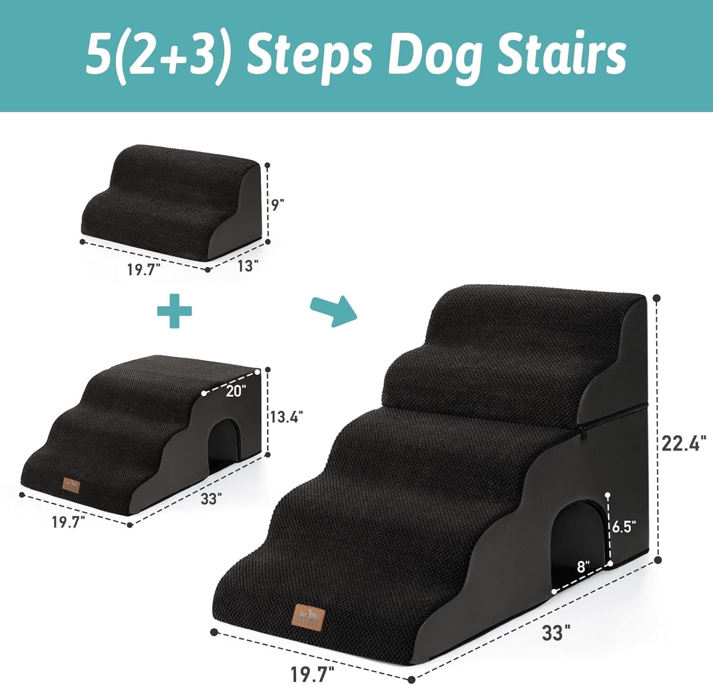 Extra Wide Dog Stairs with Tunnel, Detachable Large Pet Step for Small Medium Dog, Puppy or Cat, Ramp for High Bed, Couch, Sofa or Car, Stable, 19.7x33x22.4 inch, 5 Step, Black