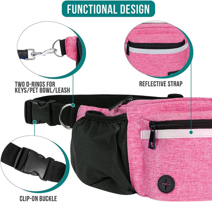PetAmi Dog Fanny Pack, Treat Pouch for Dog Walking, Training, Built in Poop Bag Dispenser, Water Bottle Holder, Collapsible Bowl, Pet Treat Waist Belt for Hiking, Running, Kibbles (Pink)