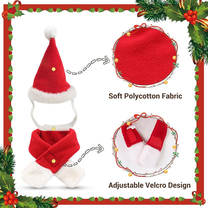 Enjoying Cat Christmas Costume, Santa Hat with Red Scarf for Cats Small Dogs, Rabbit Xmas Outfit, Pet Santa Claus Hat Scarf for Cold Day Head and Neck Warm, New Year Party Cosplay
