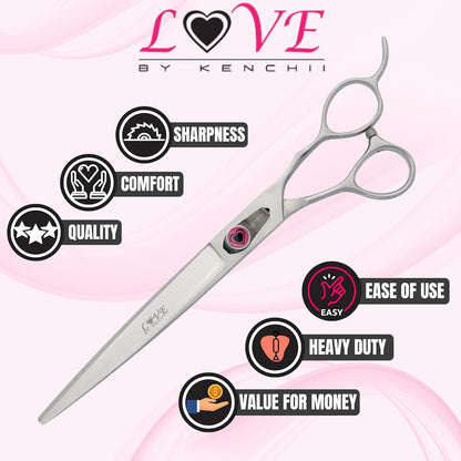 Kenchii Love Left Handed Dog Grooming Scissors, 8 Inch Curved Shears, Dog Scissors for Grooming, Professional Pet Grooming Scissors, Ergonomic & Comfortable