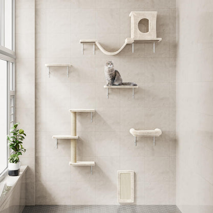 NUNU LAB Cat Wall Shelves, 6 Pcs Luxury Wall-Mounted Cat Climber Set, Indoor Cat Furniture with 1 Condos House, 2 Cat Wall Shelves, 1 Scratching, 1 Bridge Ladder, 1 Scratching Pad, White