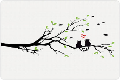 Lunarable Cat Lover Pet Mat for Food and Water, Animals in Love on Tree Branch Flying Birds Nature Romance Illustration, Non-Slip Rubber Mat for Dogs and Cats, 18" X 12", Lime Green