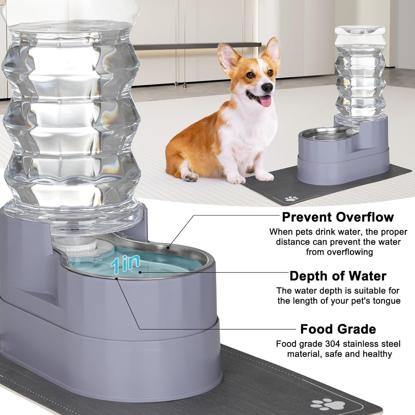 RIZZARI Large Water Dispenser for Dogs: 8L Automatic Stainless Steel Gray Gravity Raised Pet Feeder for Pet Dogs Indoor/Outdoor