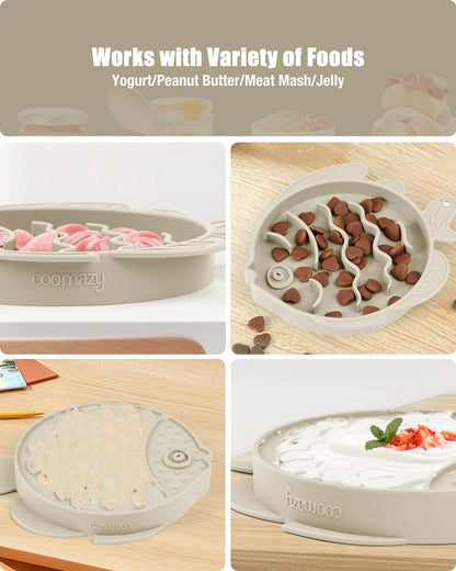 Coomazy 2-in-1 Silicone Slow Feeder Dog Cat Bowls, Lick Mat Interactive Puzzle Toy for Pets Food Training, Keeps Dogs Cats Busy, Prevents Puppy Kitty Overeating (Beige, 1.2 Cup)