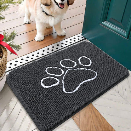 OLANLY Door Mat for Muddy Dog Paws 24x16, Ultra Absorbent Chenille Mud Doormat with Paw Print Design, Non-Slip Washable Doormat for Indoor Entryway, Quick-Dry Pet Bed Mats for Dirty Dogs, Dark Grey