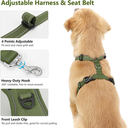 Dog Seat Belt Harness for Car, Dog Car Harness Adjustable Mesh Breathable & Dogs Seatbelt Safety Tether with Elastic Bungee for Small Medium Large Pets(Army Green, L)