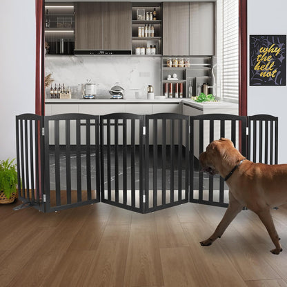 ZJSF Foldable Freestanding Indoor Dog Gate for House Wood Long Pet Gates Dog Fence for Stairs Puppy Gates for Hallways, Puppy Gate,Support Feet Included, Black, 32 "Height-6 Panels