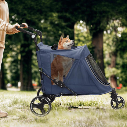 Magshion Pet Stroller for Medium Dogs w/Adjustable Handle, 3-Wheel Dog Cat Wagon w/Dual Entry, Rear Storage, Breathable Mesh, One-Foot Brake, Ideal for Large Pets up to 55 lbs, Navy Blue