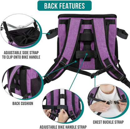 PetAmi Dog Bike Basket, Soft-Sided Ventilated Dog Bike Carrier Backpack, Pet Bicycle Basket for Bike Handlebar, Small Medium Puppy Cat Kitten Car Booster Seat with Safety Strap, Max 18 lbs, Purple