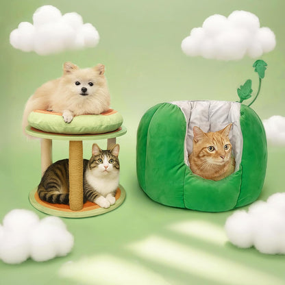 Cat Houses for Indoor Cats, Small Cat Tree with Sisal Ropes and Plush Perch, Cute Cat Bed Cave with Soft Pillow, Watermelon Design