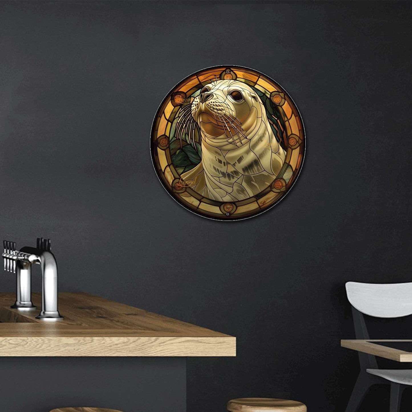 Lygond Metal Sign Tin Sign Circular Stained Glass Harbor Bathroom Signs Decor For Patio 12×12 Inches