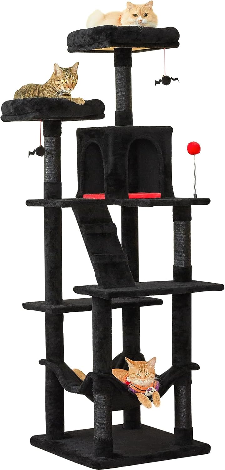 MWPO Gothic Large Cat Tree, 70.1-Inch Multi-Level Tall Cat Tower for Indoor Cats, Plush Cat Condo with Big Padded Perches, Sisal-Covered Scratching Posts, Hammock, Toys for Kittens & Cats, Black