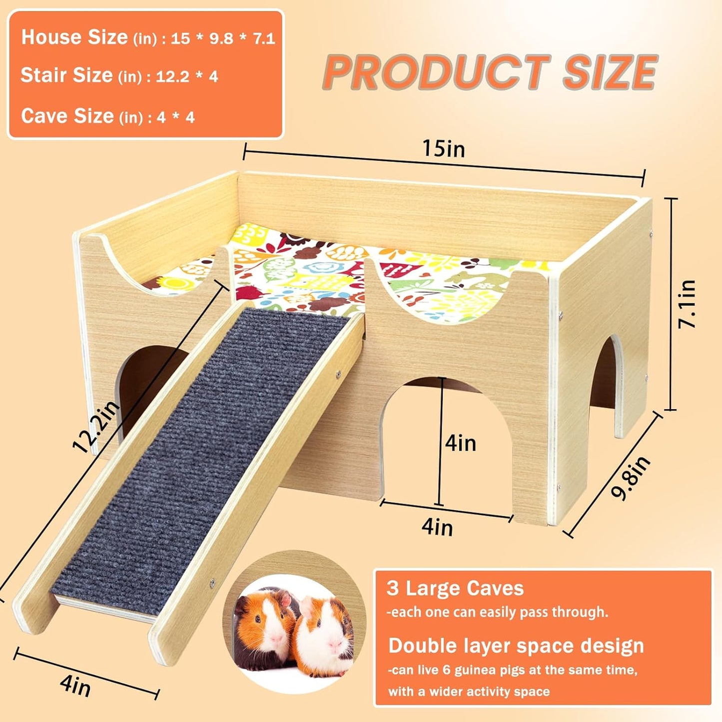 Large Guinea Pig Hideout, Sturdy Wooden Guinea Pig House, Small Animal Toys Accessories Bed Hut Habitats with Ramp and Mat, Easy to Install for Hamsters Bunny Rabbit Playing Hiding
