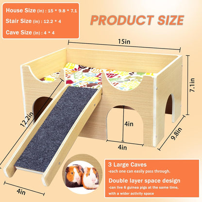 Large Guinea Pig Hideout, Sturdy Wooden Guinea Pig House, Small Animal Toys Accessories Bed Hut Habitats with Ramp and Mat, Easy to Install for Hamsters Bunny Rabbit Playing Hiding