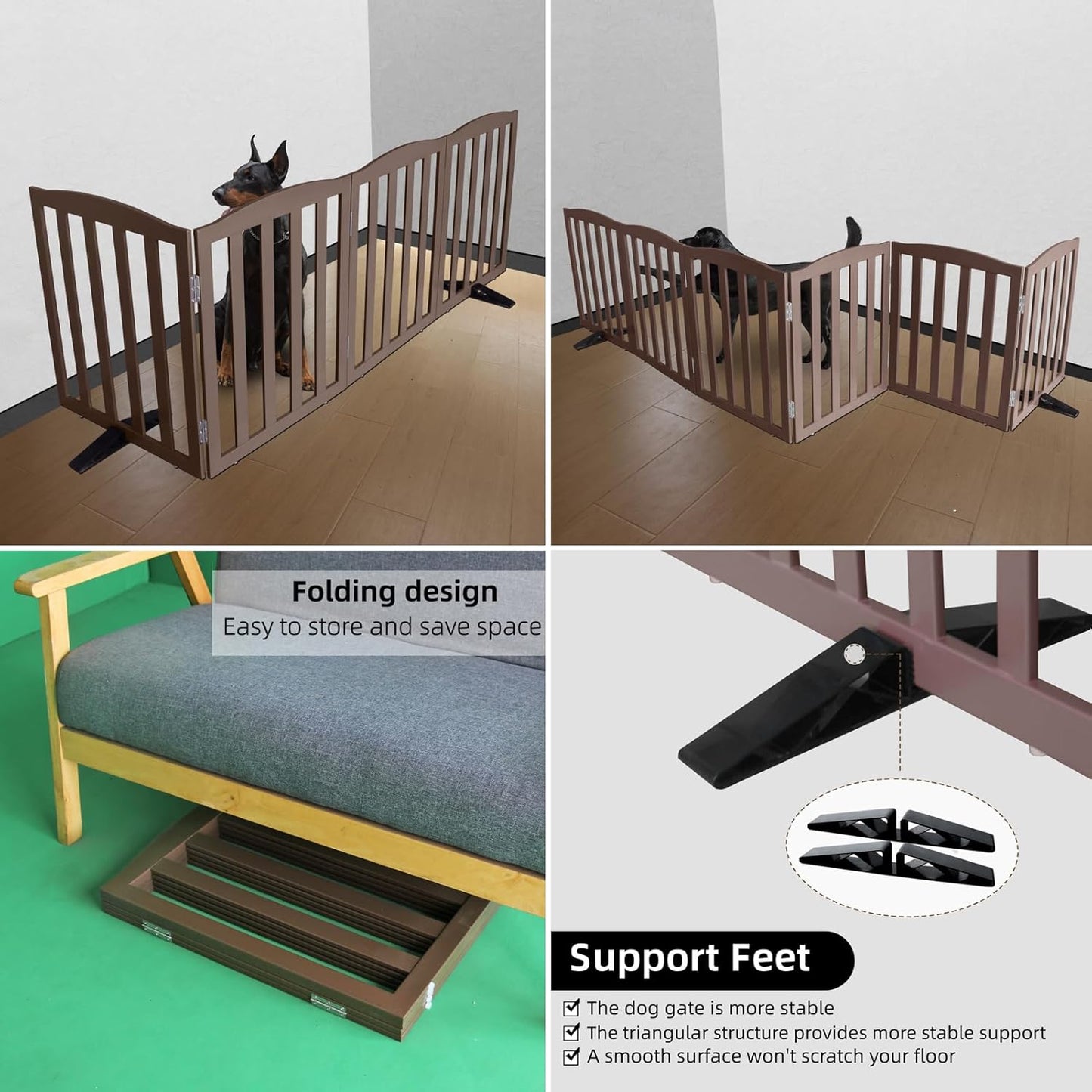 ZJSF Foldable Freestanding Indoor Dog Gate for House Wood Long Pet Gates Dog Fence for Stairs Puppy Gates for Hallways, Puppy Gate,Support Feet Included, Brown, 32 "Height-4 Panels