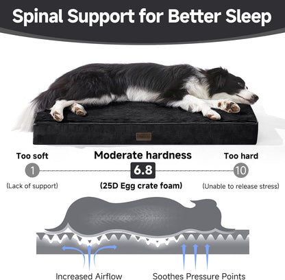 OhGeni Orthopedic Waterproof & Machine Washable Dog Bed for Medium Large Pets, Suitable for Crates, 25D Egg Crate Foam, Non-Slip Bottom & Removable Cover, Invisible Zipper, 35 Inches(Black)