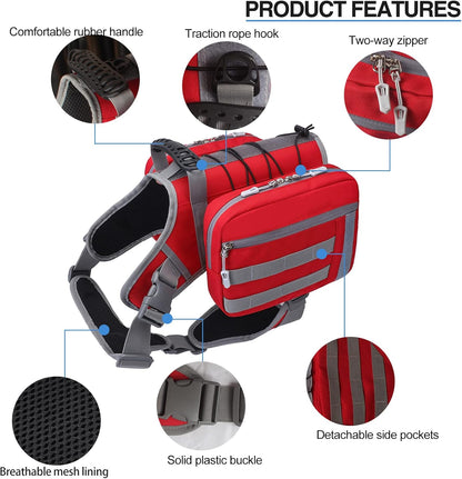 BYGD Dog Hiking Backpack, Dog Backpack for Medium to Large Dogs, with Large Capacity, 2 Spacious Side Bags for Walking, Training, Running, Harnessing Outdoor Hiking (L XL Red).