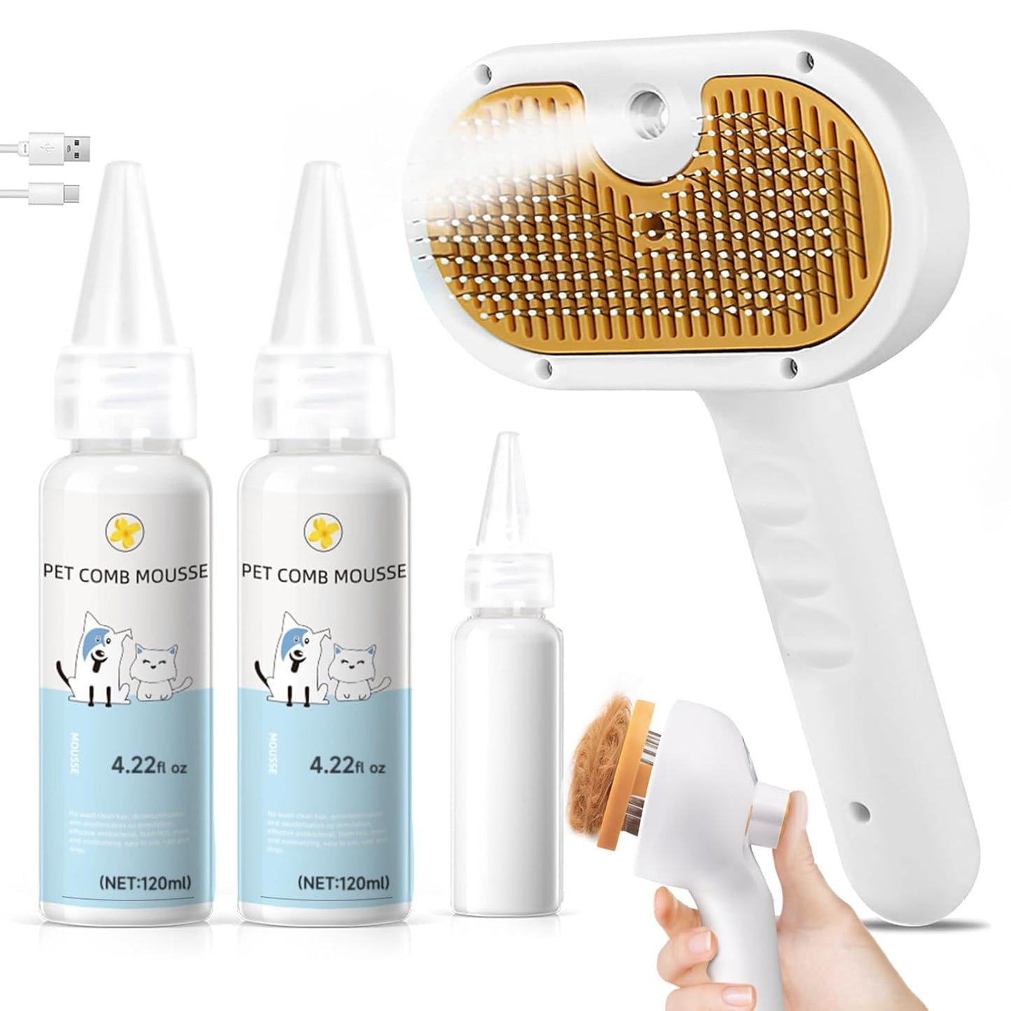 Cat Steam Brush, Pet Steam Brush for Cat & Dog, Mist Spray Comb, Spritz Defur Tool, Water Grooming Kit, Dog Hair Removal Steam Cleaner with Release Button-Contains 2*shampoo