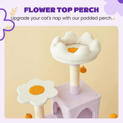 MWPO Flower Cat Tree for Indoor Cats, 63.8 Inches Multi-Level Cat Tower with Sisal-Covered Scratching Posts, Padded Platform, Hammock, Dangling Toys, Stable Cat Condo Pet Play House