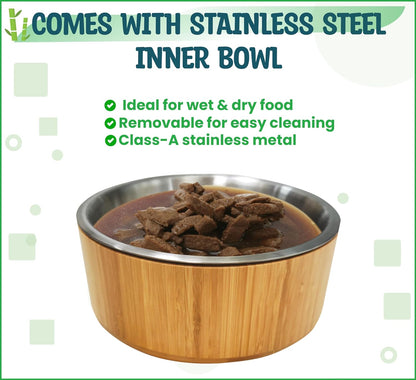 Dog Bowls Elevated, 12-inch High, 5-Cup Cap - Set of Bamboo Holder, Stainless Inner Dish and Stand - Ideal for Medium to Large Breeds - All-Detachable Parts