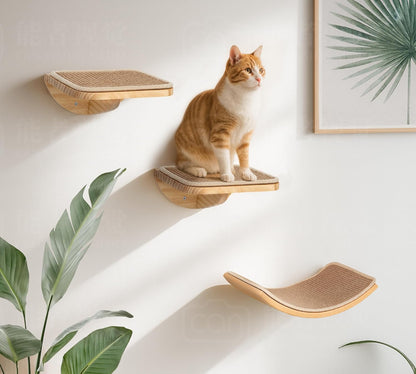 Cat Wall Shelves with Sisal Pads, 4-Piece Wooden Cats Furniture Set with Cat Window Perch, Flat Shelf & Sisal-Clad Steps for Climbing and Scratching