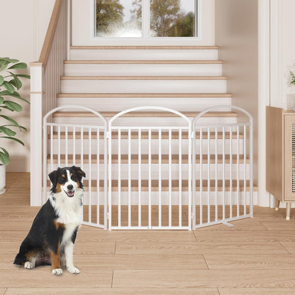 3 Panles Full Matel Freestanding Dog Gates with Door, 72"Extra Wide 32"Tall Free Standing Dog Pet Gate for Indoor & Outdoor. Foldable Pet Fences for Doorways, House, Stairs, Porch, Deck, Yard