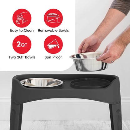 IRIS USA Elevated Dog Bowls, Adjustable Height, 2 Thick 64 oz Stainless Steel Bowls, Spill-Proof with Raised Outer Rim, Durable Made in USA Plastic, Easy Assemble, 2 Heights 4.63" or 12.25" Black