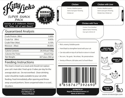 Rena's Recipe Kitty Licks Chicken Barrel (60 Tubes) 3 flavorsX 20 Tubes Cream Lickable Cat Treats 3 Different Flavors: Chicken, Chicken with Tuna, and Chicken with Liver