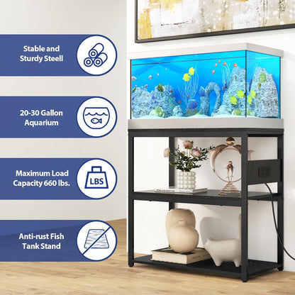 20-29 Gallon Fish Tank Stand with Power Outlets, 3-Tier Metal Aquarium Stand, Breeder Reptile Tank Stand with Shelf for Home Office, 660LBS Capacity, 29.5 x 15.8 x 30.1 inches, Black