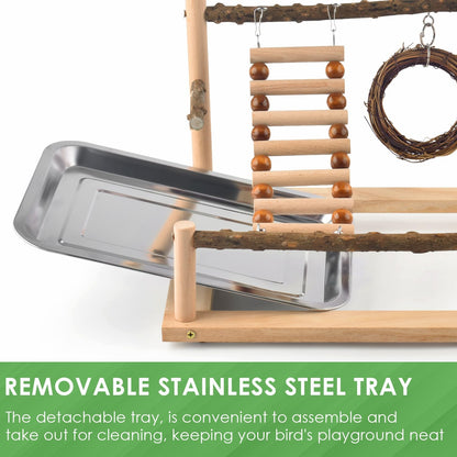 KATUMO Bird Playground - Natural Wooden Perches Parakeet Ladder Conure Swing Bird Cage Accessories with Removable Tray & 2 Stainless Steel Cups