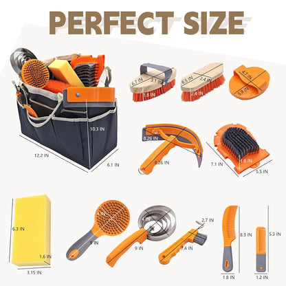 Horse Grooming Kit, Horse Grooming Supplies Includes 12 Horse Hair Care Tools Such as Handbag, Horse Brush, Horse Comb, Hoof Pick, Sweat Scraper, Etc., Suitable Gifts for Horse Riding Enthusiasts