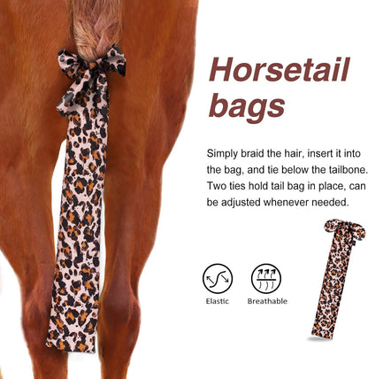 Harrison Howard Stretchy Tail Bag Breathable Horse Tail Guard Slip on Design Protect Horse Tail 2 Strand Closure Straps Keep Tail Clean & Protected 22" L Length Makes Grooming Easy-Leopard Print