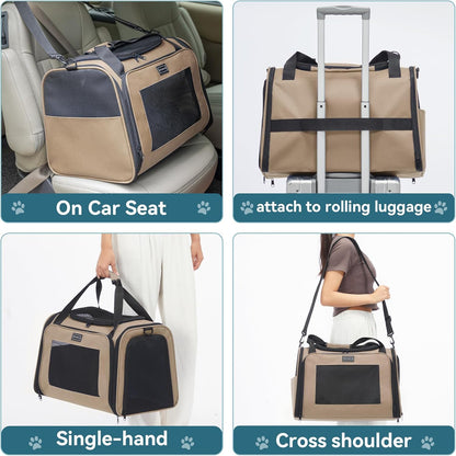 PETSFIT Dog Carrier Cat Carriers for Puppies, Medium Cats up to 25Lbs, Travel Soft Sided Pet Carrier (Large, Khaki)