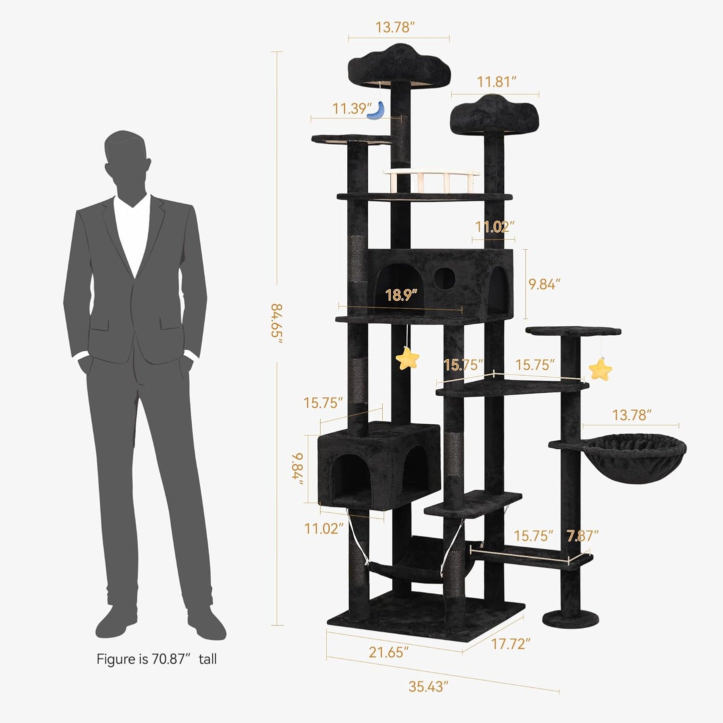 85inch Giant Cat Tree for Heavy Duty Big Cats, Multi-Level Luxury Cat Tower with Scratching Post, Cat Condo with Hammocks & Plush Perches for Indoor Cats Large Adult, Black