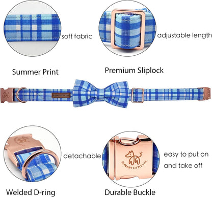 Elegant little tail Dog Collar with Bow - Blue Plaid Boy Dog Collar Cute Bowtie Pet Collar Adjustable Dog Collar for X-Small Puppy and Cat