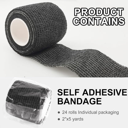 24 Pack Self Adhesive Bandage Wrap, 2” x 5 Yards Elastic Cohesive Bandage Wrap Black Athletic Tape Grip Tape for Ankle, Wrist Sprains, Sports Injuries & Pet First Aid | Medical Sports Tape
