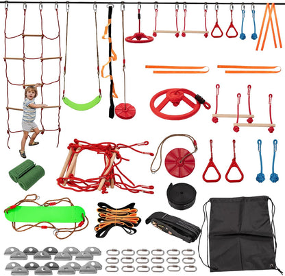 Slsy 60FT Ninja Warrior Obstacle Course (13 Obstacles), Ninja Slackline Kit for Kids, Durable Playset Equipment with 13 Most Complete Set-Monkey Bar,Swing, Balance Belt, Climbing Ladder & Net