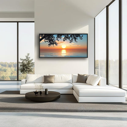 Framed Large Lake Sunset Wall Art, Oversized Natural Landscape Wall Decor for Living Room, Tree Leaves Canvas Painting Pictures Home Decoration for Living Room Bedroom Office 60"x30"