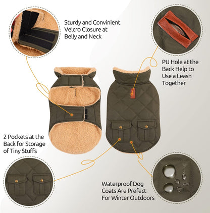 Queenmore Warm Dog Coat, Cold Weather Puffer Dog Coat, Quilting Winter Dog Jacket Ultra Thick Plush Lining with Storage Pockets (Green, Small)